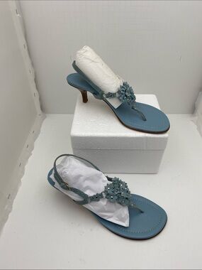 Coach Light Blue Floral T-Strap Slingback Sandals